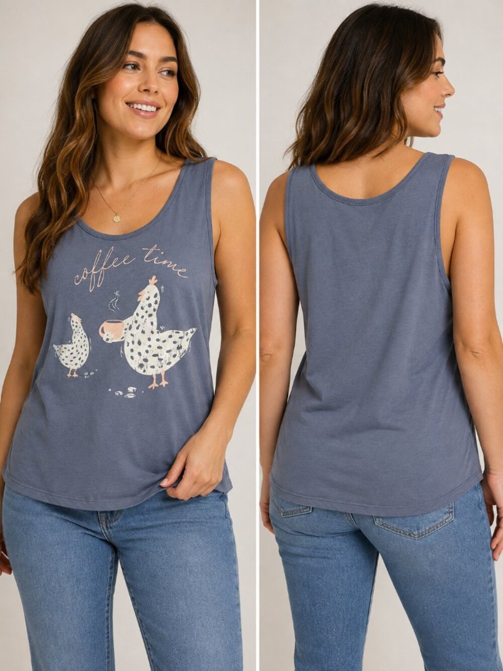 La Vie en Rose Coffee Time Chicken Tank Top Women’s Large Gray